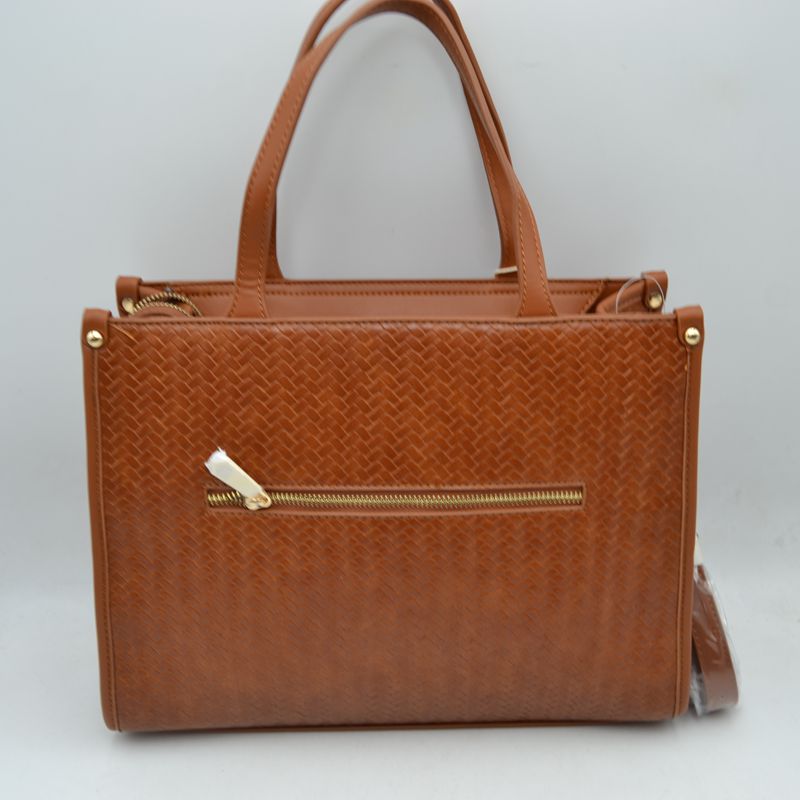 Woven Tote Bag with Decorative Gold Buckle and Crossbody Strap - Tote Bag