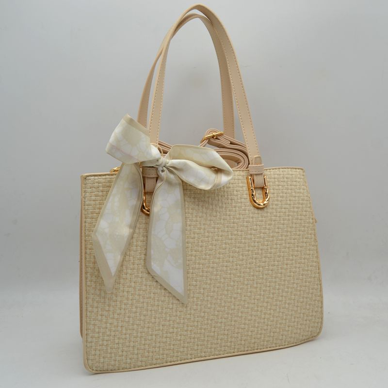 Woven Straw Satchel Bag with Detachable Shoulder Strap and Decorative Scarf Accent - Beige - Satchel Bag