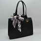 Woven Straw Satchel Bag with Detachable Shoulder Strap and Decorative Scarf Accent - Black - Satchel Bag
