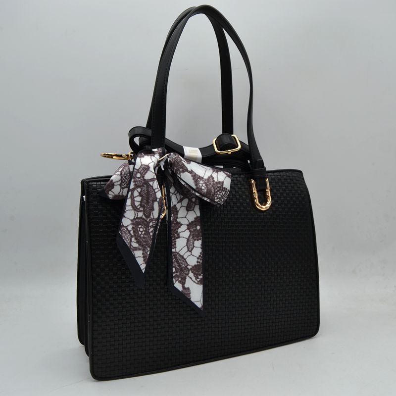 Woven Straw Satchel Bag with Detachable Shoulder Strap and Decorative Scarf Accent - Black - Satchel Bag
