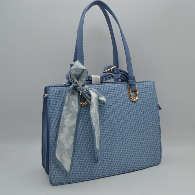 Woven Straw Satchel Bag with Detachable Shoulder Strap and Decorative Scarf Accent - Blue - Satchel Bag