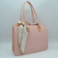 Woven Straw Satchel Bag with Detachable Shoulder Strap and Decorative Scarf Accent - Blush - Satchel Bag