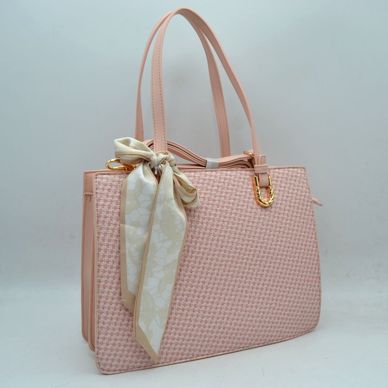 Woven Straw Satchel Bag with Detachable Shoulder Strap and Decorative Scarf Accent - Blush - Satchel Bag