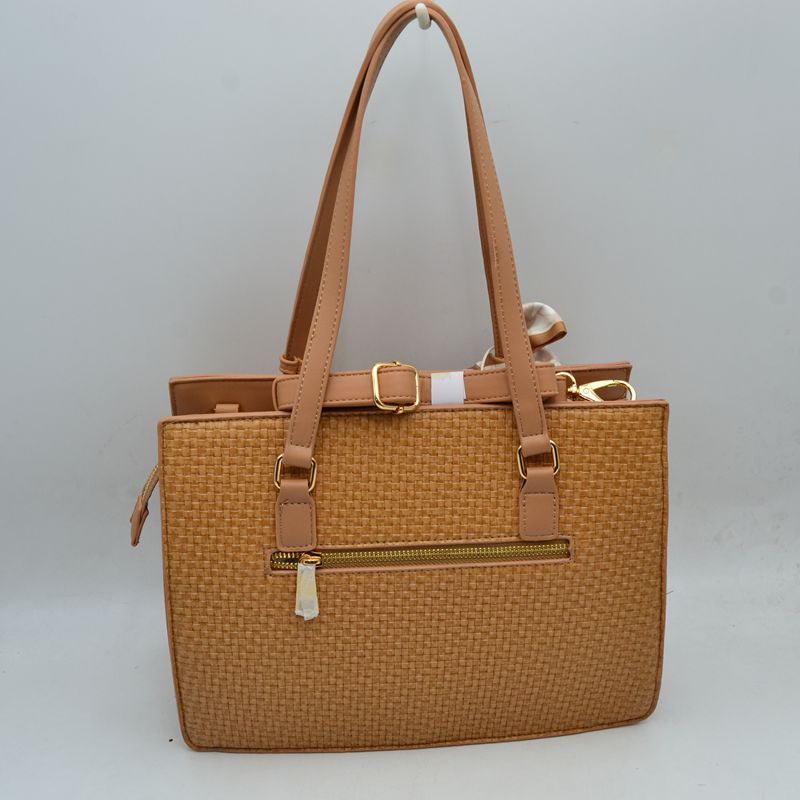 Woven Straw Satchel Bag with Detachable Shoulder Strap and Decorative Scarf Accent - Satchel Bag