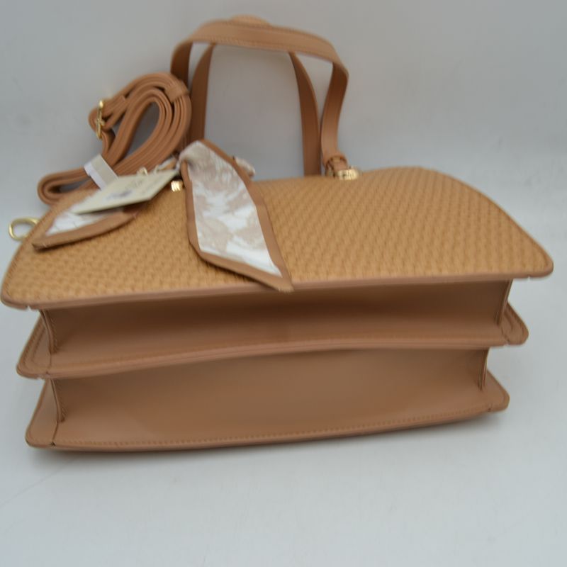 Woven Straw Satchel Bag with Detachable Shoulder Strap and Decorative Scarf Accent - Satchel Bag