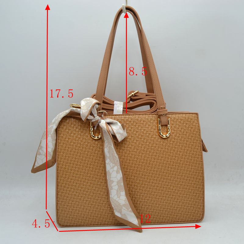 Woven Straw Satchel Bag with Detachable Shoulder Strap and Decorative Scarf Accent - Satchel Bag