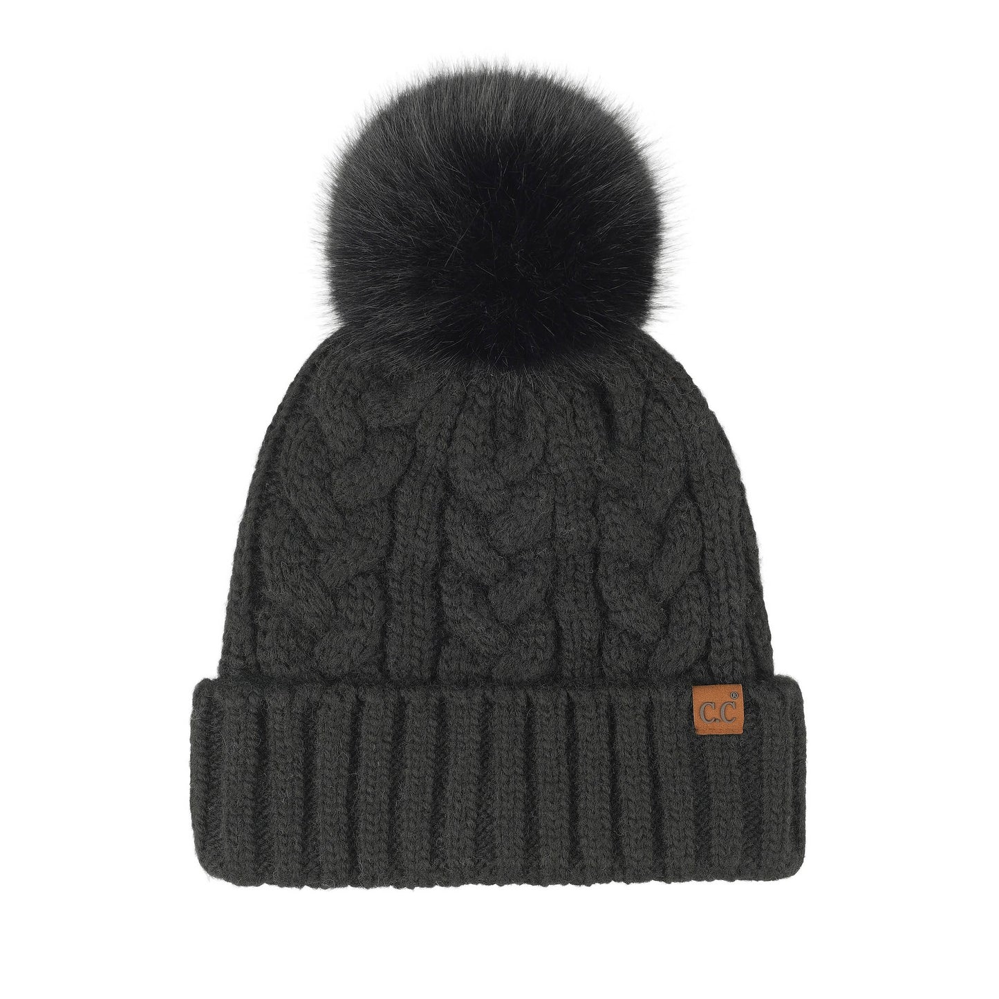 C.C Heathered Cable Knit Beanie With Pom