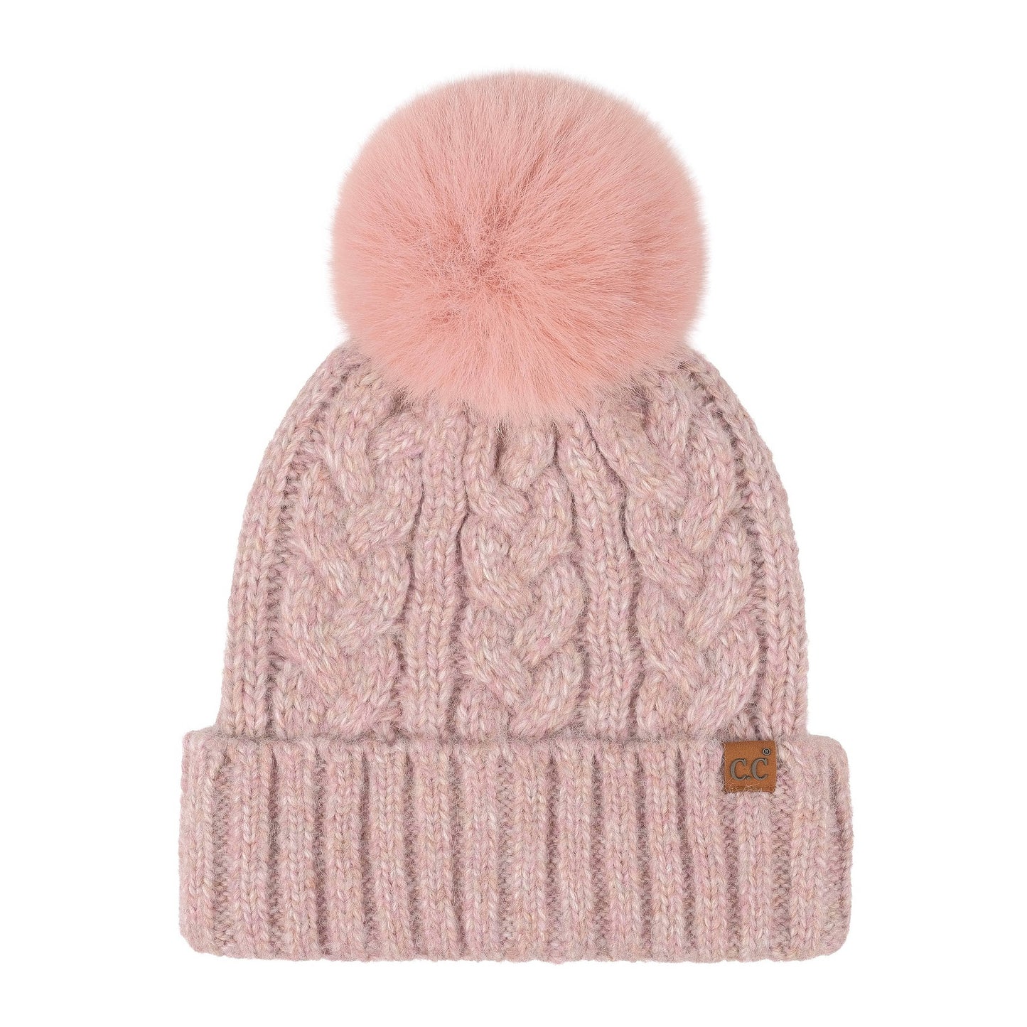 C.C Heathered Cable Knit Beanie With Pom