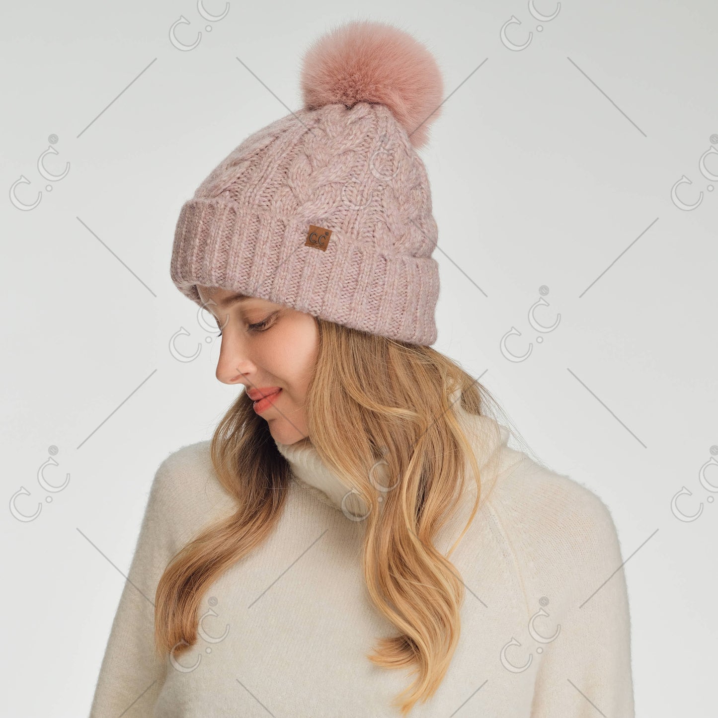 C.C Heathered Cable Knit Beanie With Pom
