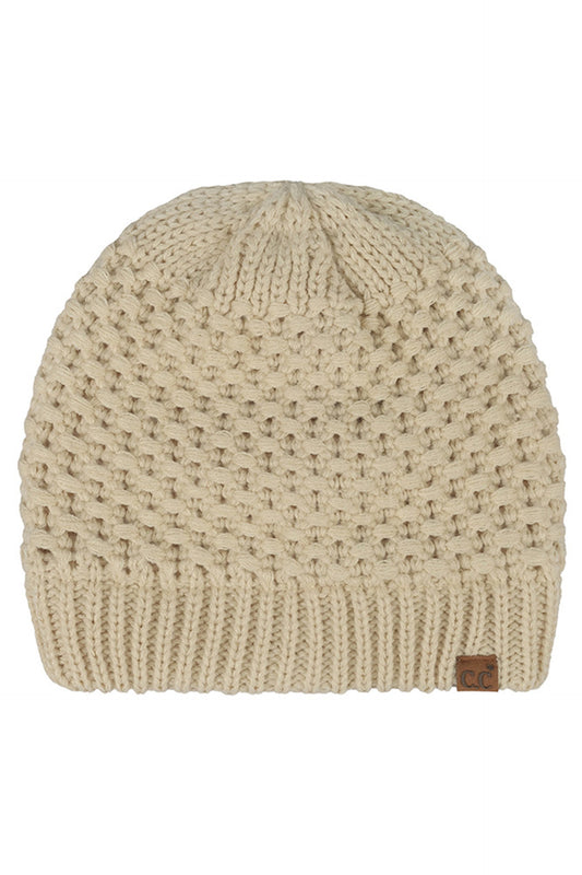 Beige C.C Cross Cell Stitch Knit Satin Lining Beanie