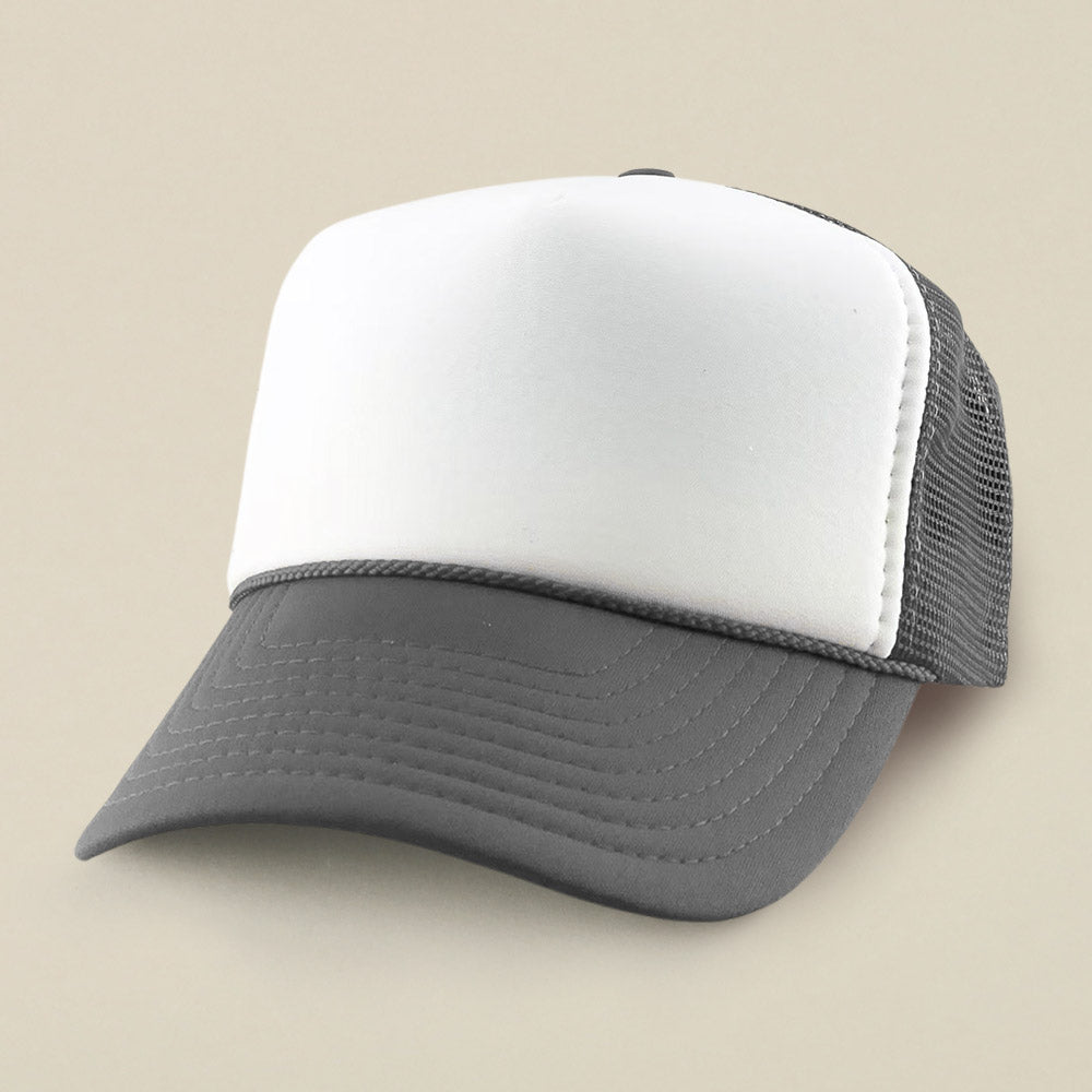 Madeline Love Gray, White Plain Two Tone Mesh Back Trucker Hat - Hats