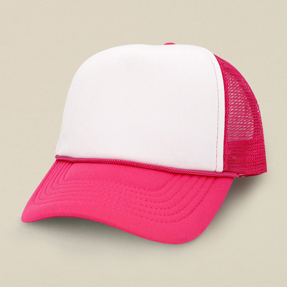 Madeline Love Fuchsia, White Plain Two Tone Mesh Back Trucker Hat - Hats