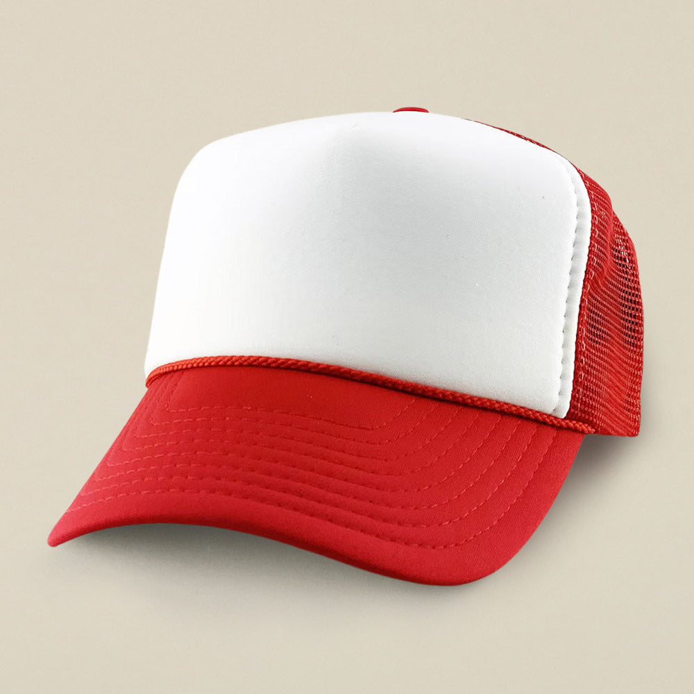 Madeline Love Red, White Plain Two Tone Mesh Back Trucker Hat - Hats