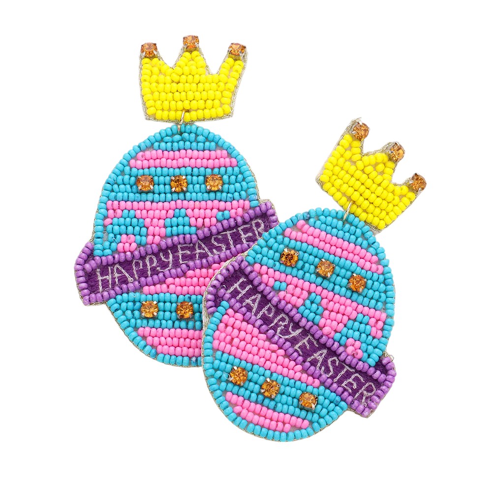 Happy Easter Felt Back Seed Beaded Crown Egg Dangle Earrings - Royal Blue - Earrings