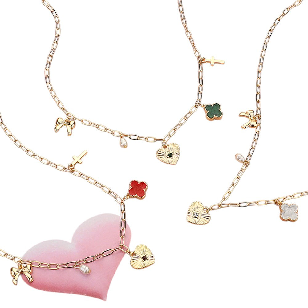 Heart Bow Pearl Quatrefoil Cross Charm Station Paperclip Chain Necklace - Necklaces