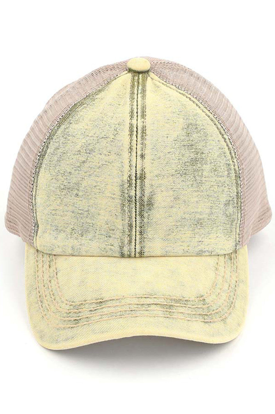 Honey Mustard C.C STONEWASHED DENIM CRISS CROSS PONYCAP is a must-have accessory for any fashion-forward individual. With its stylish stonewashed denim and unique criss-cross design, it adds a touch of effortless cool to any outfit. Stay on-trend while protecting your face from the sun with this versatile and practical cap.