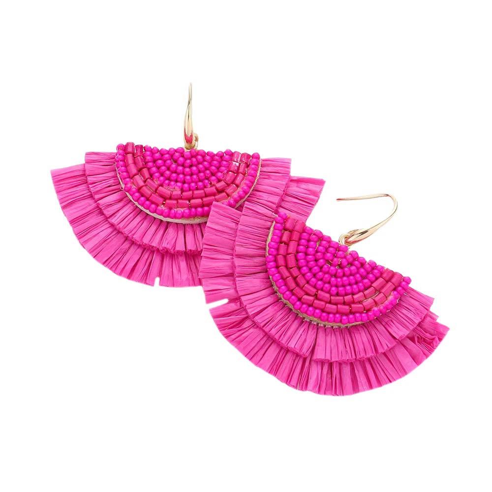 Hot Pink Bead Embellished Raffia Fringe Dangle Earrings, adorn yourself with these Raffia fringe dangle earrings! Enhance your attire with these vibrant artisanal earrings to show off your fun trendsetting style. 