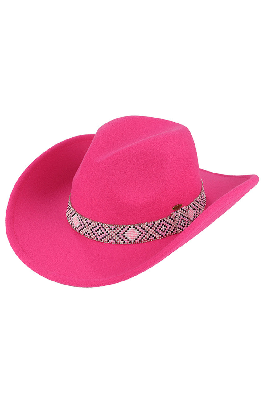C.C Aztec Beads Trim Vegan Cowboy Hat - Hot Pink - Cowboy Hats