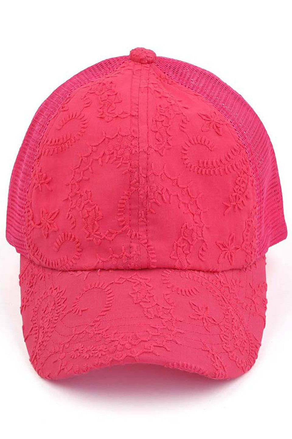 Hot Pink C.C FANCY EMBROIDERY STITCH CRISS CROSS PONYCAP is expertly crafted with intricate embroidery and a unique criss cross design. It provides both fashion and function, keeping the sun out of your eyes while adding a stylish touch to your outfit.