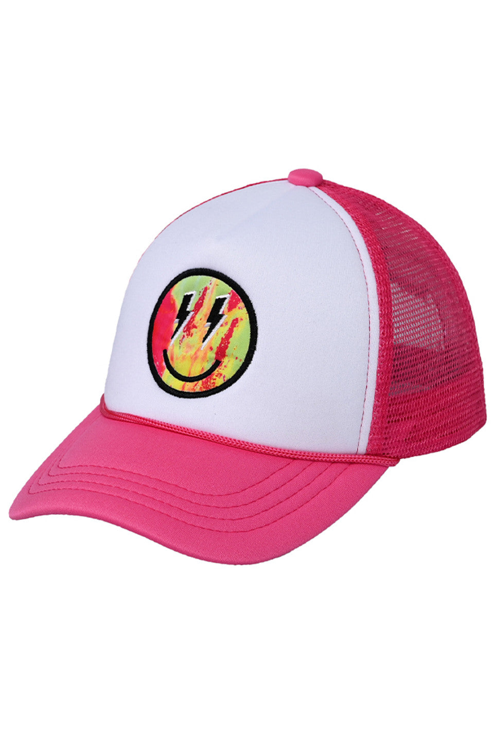 Hot pink C.C Lightning Bolt Eyes Smiley Face Trucker Cap is a fun and stylish accessory for any outfit. With its unique lightning bolt eye design and breathable mesh back, you'll not only look great but also stay cool and comfortable. Perfect for adding a touch of personality to your everyday look.