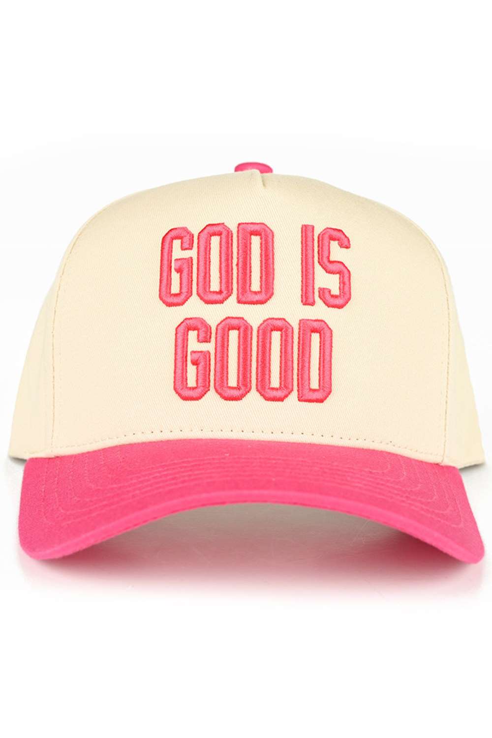 Hot Pink Elevate your everyday style with this classic two-tone trucker hat featuring "GOD IS GOOD" embroidered lettering. Crafted from 100% cotton for breathability and comfort, this snapback design offers a one-size-fit-all approach with a 22.5" circumference. Perfect for casual outings, outdoor activities, or making a faith-inspired statement. The structured trucker silhouette provides excellent sun protection while maintaining a timeless, versatile look that pairs effortlessly with any wardrobe. Made in