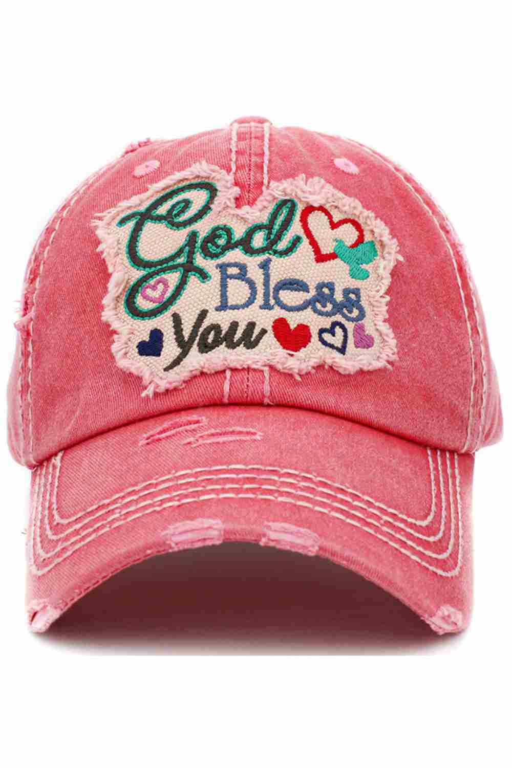 Hot Pink Share a heartfelt message in everyday style with the God Bless You vintage baseball cap, featuring a classic distressed finish and meaningful embroidered design. Comfortable and adjustable for all-day wear, this casual cap is perfect for outings, church days, or relaxed weekend looks.