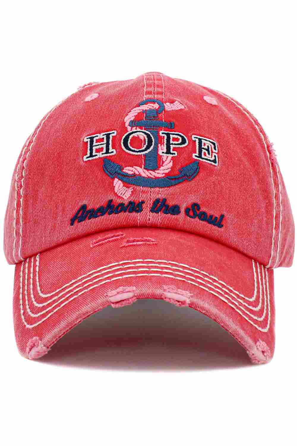 Hot Pink HOPE ANCHORS THE SOUL Vintage Distressed Baseball Cap features a beautifully worn-in look with inspirational embroidery that adds meaning to everyday style. Crafted for comfort with a relaxed fit and adjustable strap, it’s perfect for casual outings while sharing a positive message wherever you go.