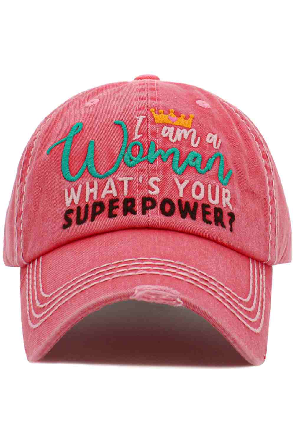 Hot Pink The I AM A WOMEN SUPERPOWER Vintage Ball Cap features a bold, empowering statement with a classic vintage wash for a timeless, confident look. Designed for everyday comfort, this cap pairs effortlessly with casual outfits while making a strong, inspiring style statement.