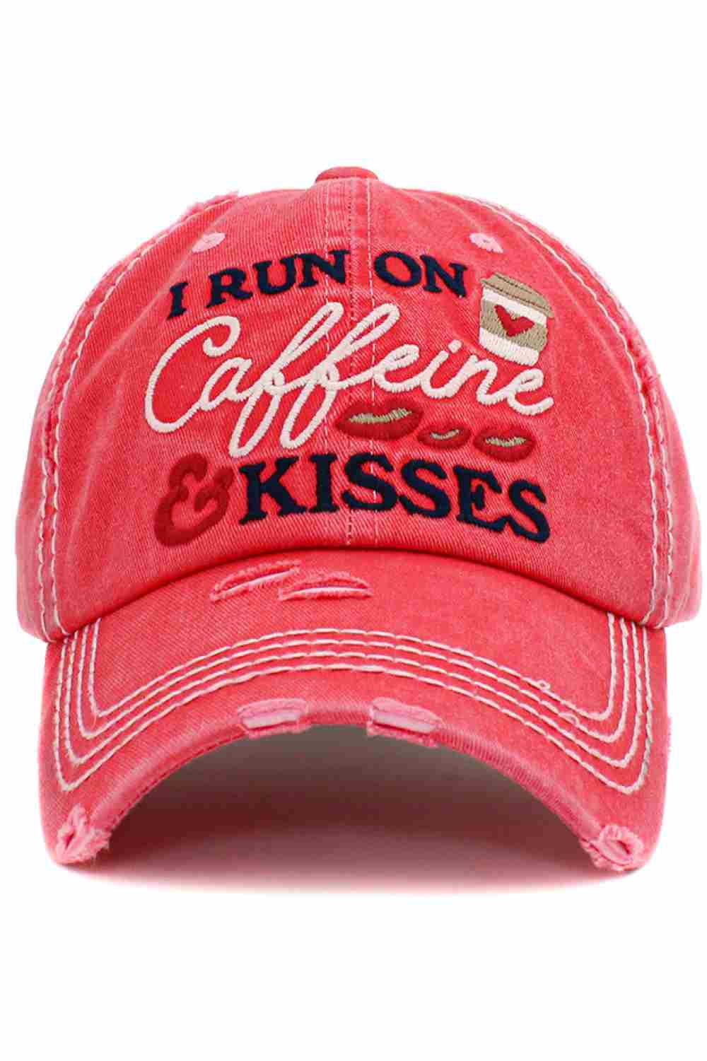 Hot Pink Fuel your day in style with the I Run on Caffeine vintage distressed cap, featuring a perfectly worn-in look and bold embroidered slogan. Made for comfort and everyday wear, this relaxed-fit cap adds a fun, laid-back vibe to casual outfits, errands, or coffee runs.