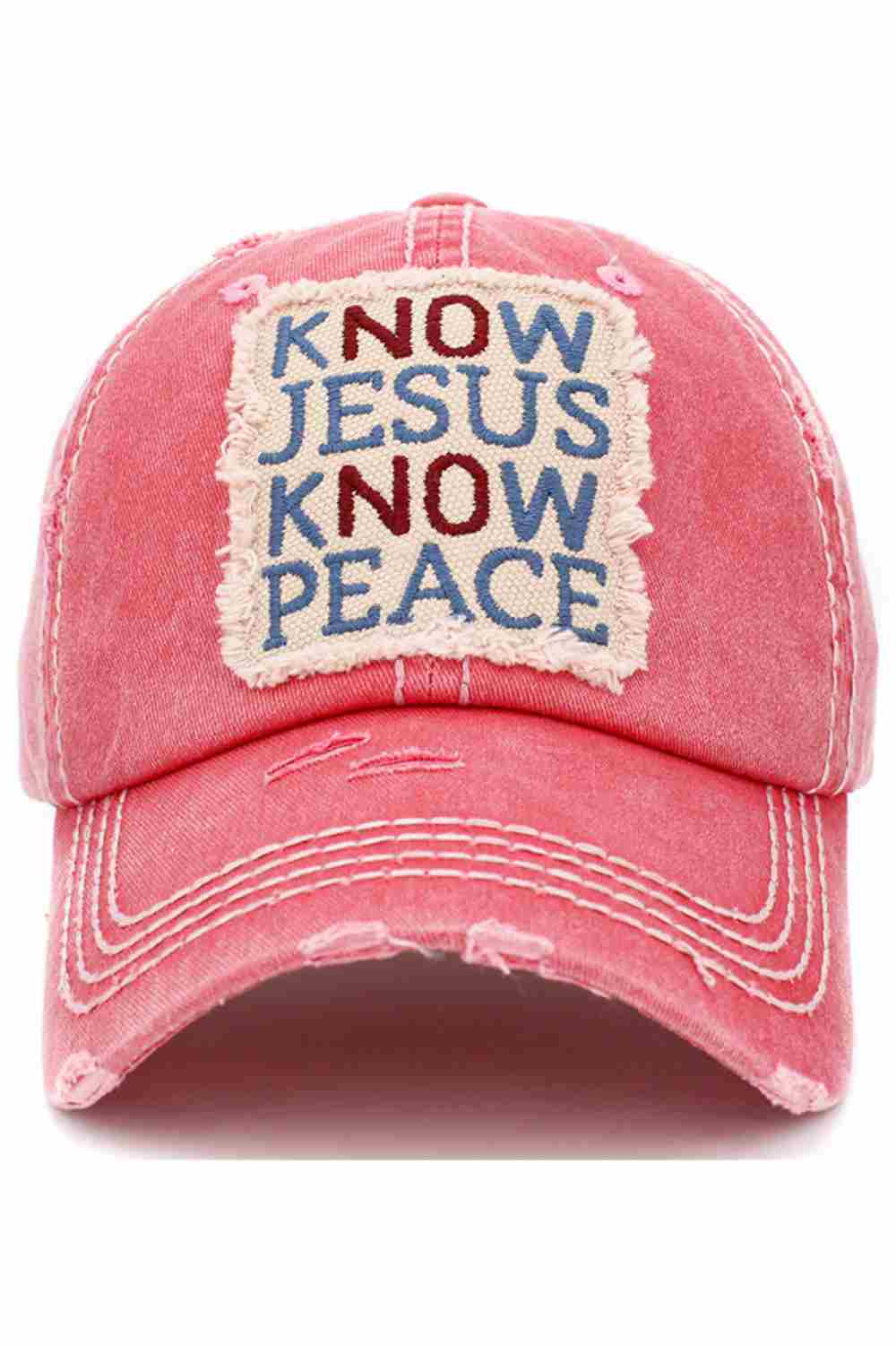 Hot Pink Share an inspiring message in everyday style with the Know Jesus Know Peace vintage baseball cap, featuring a classic distressed finish and meaningful embroidered design. Comfortable and adjustable for all-day wear, this casual cap is perfect for church days, outings, or relaxed weekends.