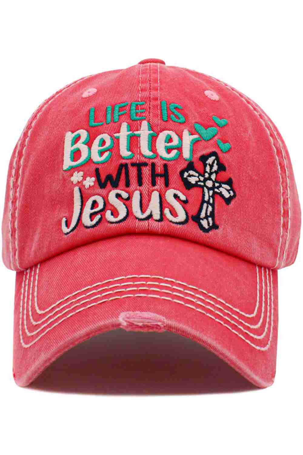 Hot Pink The LIFE IS BETTER WITH JESUS Vintage Ball Cap features an uplifting message paired with a classic vintage-washed finish for a timeless, meaningful look. Comfortable and easy to wear, it’s perfect for everyday outfits while expressing faith with subtle style.