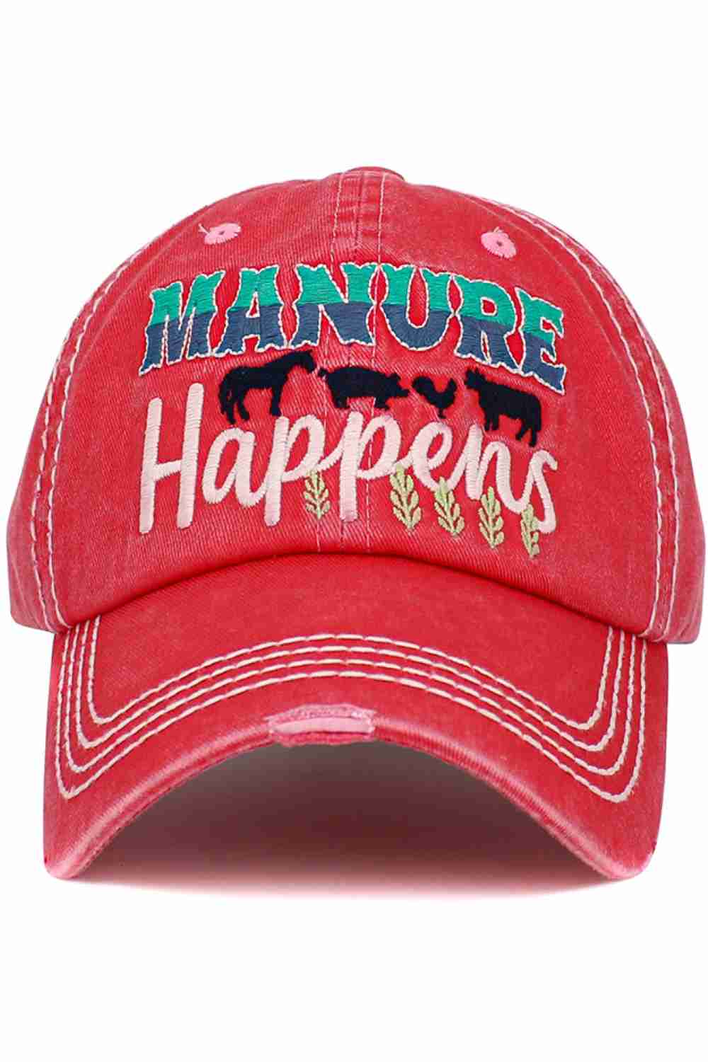 Hot pink The MANURE HAPPENS vintage baseball cap features a humorous slogan paired with a washed, distressed look for laid-back, rustic style. Designed for comfort with an adjustable fit, it’s perfect for farm life, outdoor work, or casual everyday wear.