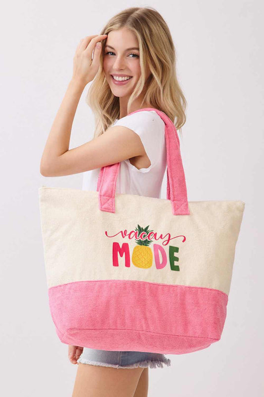 Hot Pink Escape to vacation vibes with this vibrant VACAY MODE tote bag. Featuring playful multi-color lettering and a cheerful pineapple design, it's the perfect companion for beach days, weekend getaways, or everyday adventures. Crafted from a durable polyester and polyamide blend, this spacious tote measures 22" x 16" x 6" and keeps your essentials secure with a reliable zipper closure. An inner pocket adds convenient organization for smaller items. Whether you're heading to the tropics or just dreaming 