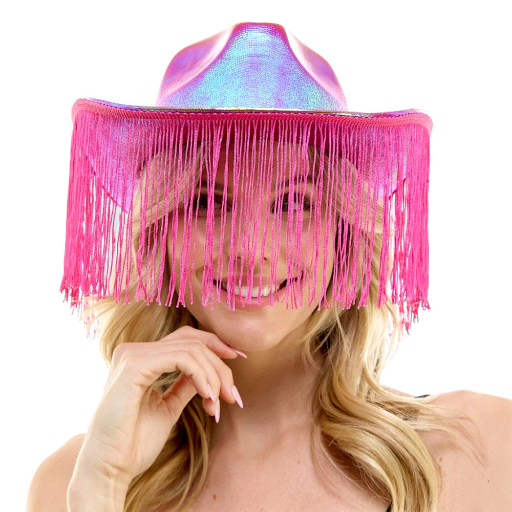 Hot Pink Shiny Western Cowboy Hat with Fringe is the perfect accessory for any Western-themed event. Made with high-quality materials, this hat features a classic cowboy design with a touch of modern shine. Stay on trend and make a statement with this stylish and durable hat.