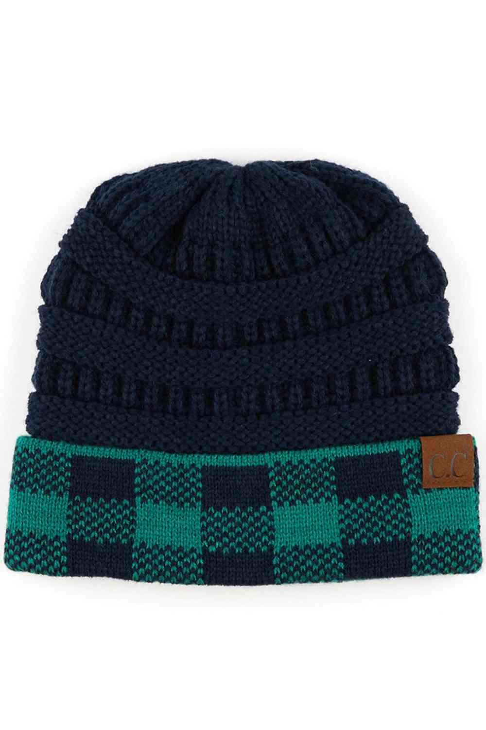 Green Navy Upgrade your cold-weather style with the C.C Buffalo Check Cuff Knit Beanie. This classic beanie features a distinctive buffalo check pattern cuff that brings timeless appeal to any winter look.