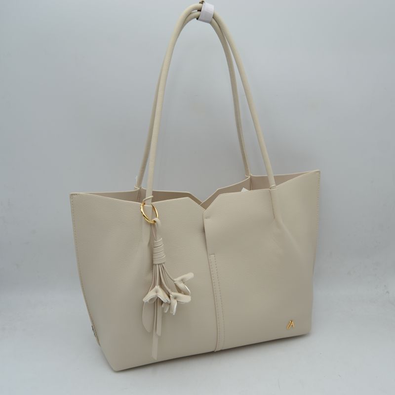 Minimalist Structured Tote Bag with Geometric Cutout and Tassel Accent - Beige - Shoulder Bag