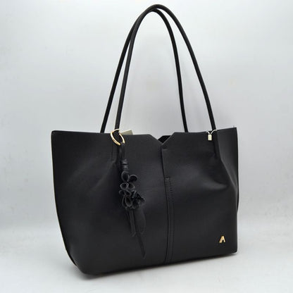 Minimalist Structured Tote Bag with Geometric Cutout and Tassel Accent - Black - Shoulder Bag