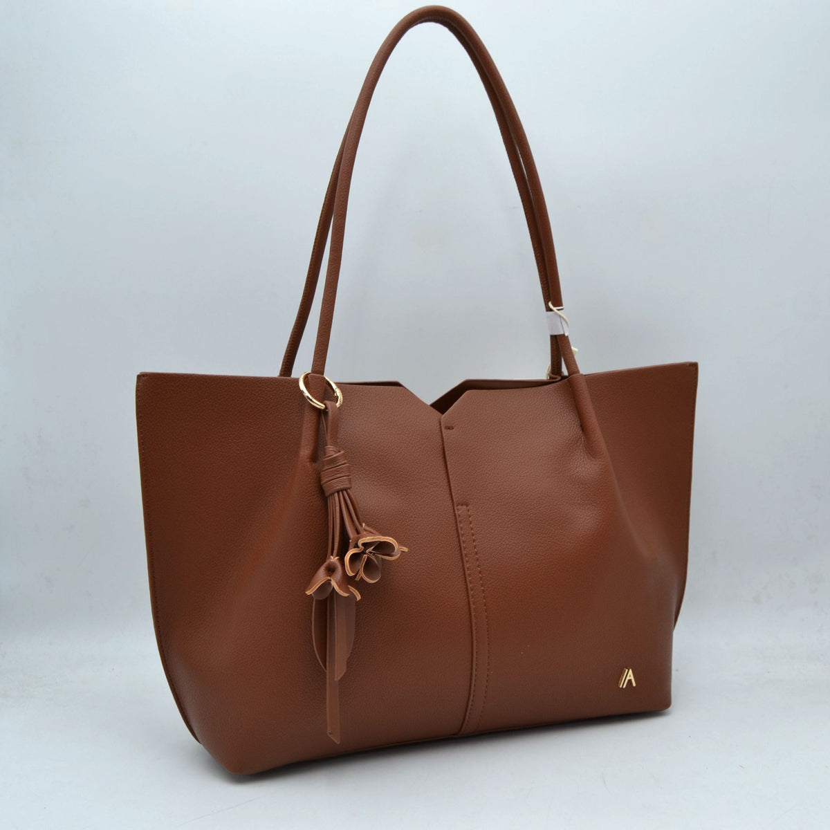 Minimalist Structured Tote Bag with Geometric Cutout and Tassel Accent - Brown - Shoulder Bag