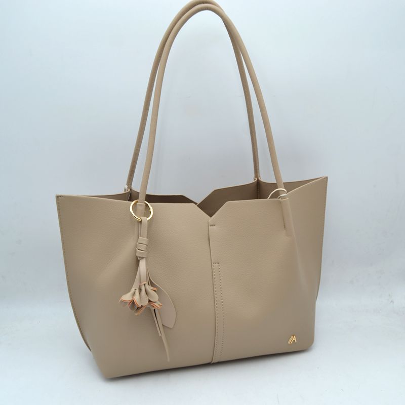 Minimalist Structured Tote Bag with Geometric Cutout and Tassel Accent - Taupe - Shoulder Bag