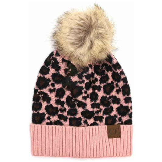 Indie Pink C.C Animal Print Knitted Beanie With Faux Fur Pom Pom Warm Winter Hat; reach for this classic toasty hat to keep you nice n warm in the chilly winter weather, the wintry touch finish to your outfit. Perfect Gift Birthday, Christmas, Holiday, Anniversary, Stocking Stuffer, Secret Santa, Valentine's Day, Loved One, BFF
