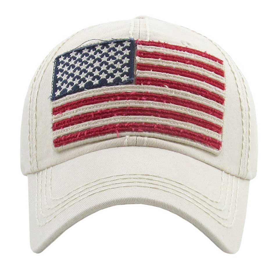 Ivory American USA Flag Vintage Baseball Cap; Show your patriotic side with this cute patriotic  USA flag style American Flag baseball cap. Perfect to keep the sun out of your eyes, and to pull your hair back during exercises such as walking, running, biking, hiking, and more! Adjustable Velcro strap gives you the perfect fit.