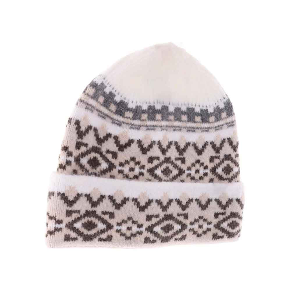 Ivory Aztec Pattern Cuff C.C Beanie combines timeless design with practical warmth. Featuring a distinctive Aztec-inspired pattern, this beanie offers a stylish edge while providing comfortable insulation for cooler days. Its cuffed design ensures a secure fit, making it an ideal accessory for outdoor activities and urban wear alike. Crafted for durability and comfort, it balances fashion and function effortlessly. 