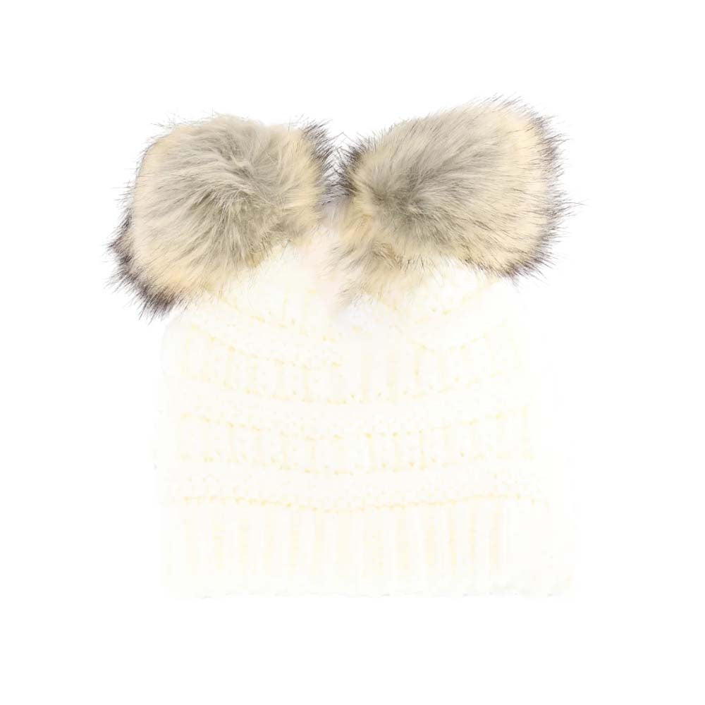 Ivory BABY Solid Ribbed Faux Fur Double Pom C.C Beanie combines soft ribbed knit fabric with two plush faux fur pom-poms, delivering cozy warmth and playful style for little ones. Its stretchable design ensures a snug, comfortable fit, perfect for keeping babies warm during chilly days while adding an adorable touch to any outfit. Durable and easy to care for, this beanie is an expert choice for both function and fashion in children's cold-weather accessories. 