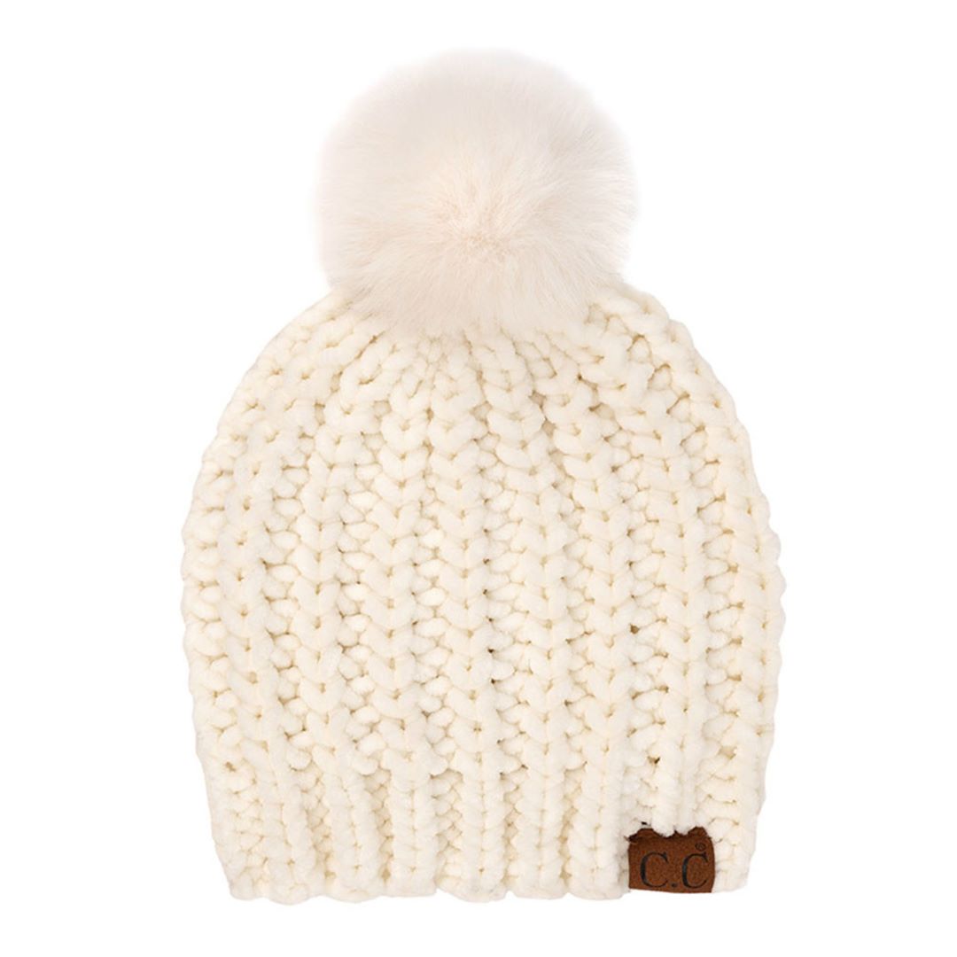 Ivory Chenille Chunky Knit Faux Fur Pom C.C Beanie&nbsp;Before running out the door into the cool air, you’ll want to reach for these toasty beanie to keep your hands incredibly warm. Accessorize the fun way with these beanie, it's the autumnal touch you need to finish your outfit in style. Awesome winter gift accessory!&nbsp;&nbsp;Perfect Gift Birthday, Christmas, Holiday, Anniversary, Valentine’s Day, Loved One.