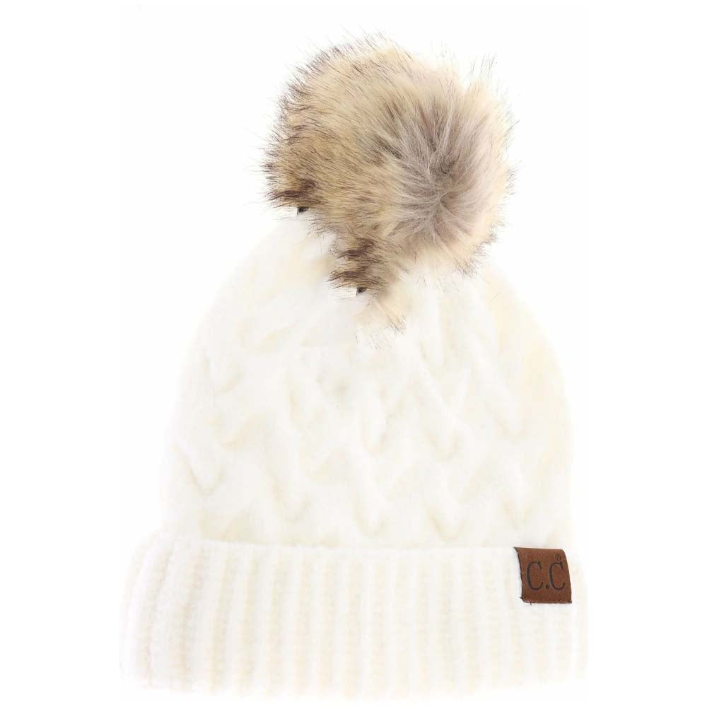 Ivory Chunky Braided Cable Knit Fur Pom C.C Beanie combines classic craftsmanship with modern warmth. Expertly knit with thick braided cables, this beanie provides robust insulation against cold weather. The plush fur pom adds a refined, textured accent, enhancing both style and comfort. Designed for a snug yet flexible fit, it offers reliable protection for winter activities while elevating your everyday cold-weather wardrobe. 