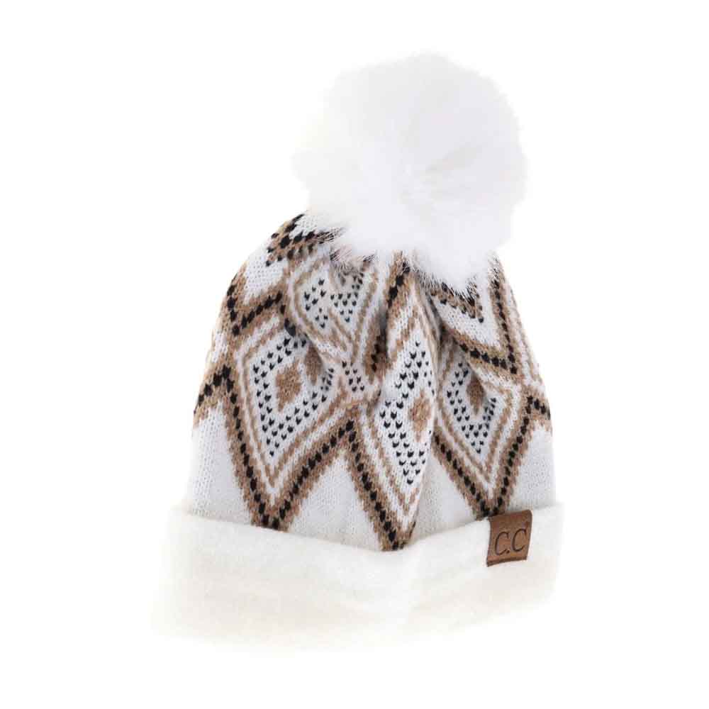 Ivory Diamond Geometric Pattern Faux Fur Pom C.C Beanie combines stylish design with cozy warmth. Crafted with a soft faux fur pom-pom and featuring a distinctive diamond geometric pattern, it offers both fashion-forward appeal and comfort. Ideal for chilly days, this beanie provides a snug fit that helps retain heat while adding a sophisticated touch to your winter wardrobe. 
