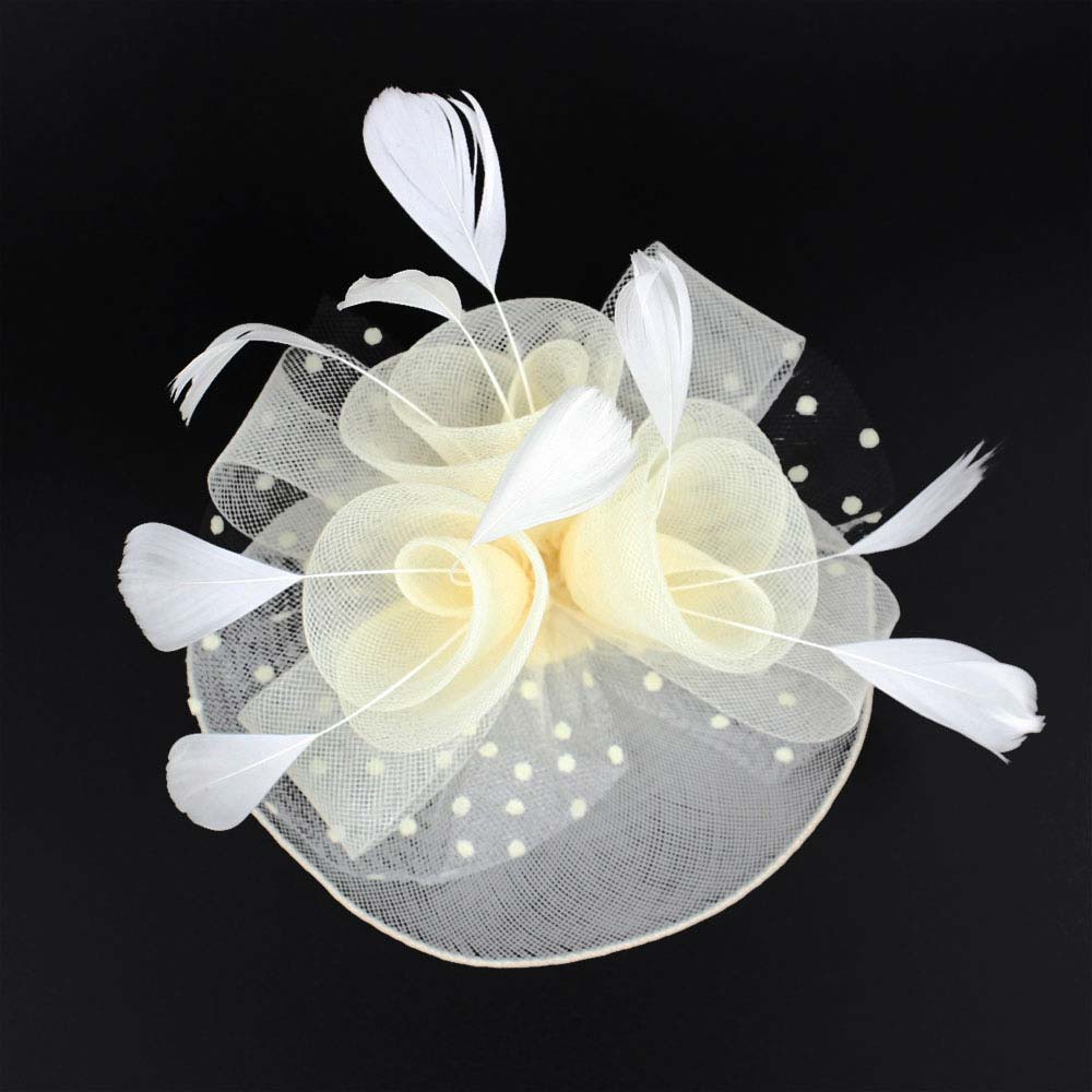 Ivory Feather Mesh Flower Fascinator Headband, Accentuate your look with this. Crafted with mesh and feathers, this headband brings an elegant touch to any outfit. The unique flower shape gives it a timeless and classic look. Perfect for gifting, any occasion, or everyday wear.