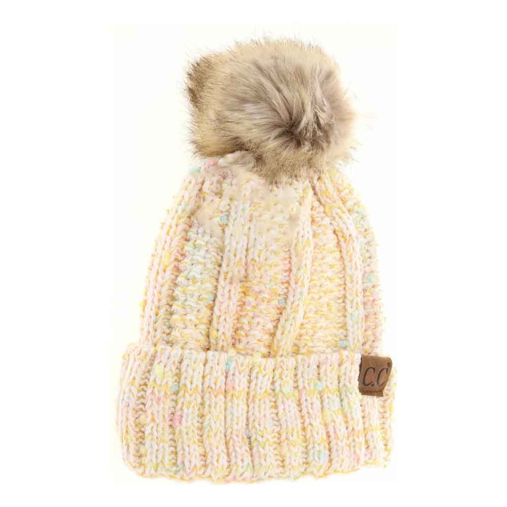 Ivory Fuzzy Lined Confetti Knit Fur Pom CC Beanie combines functionality and style with its soft, confetti-speckled knit exterior and cozy fuzzy lining. Designed to provide superior warmth and comfort, this beanie features a plush fur pom for an added touch of elegance. Ideal for cold weather, its high-quality construction ensures durability and lasting wear, making it an essential accessory for those seeking expert-level performance and fashionable appeal in winter headwear. 