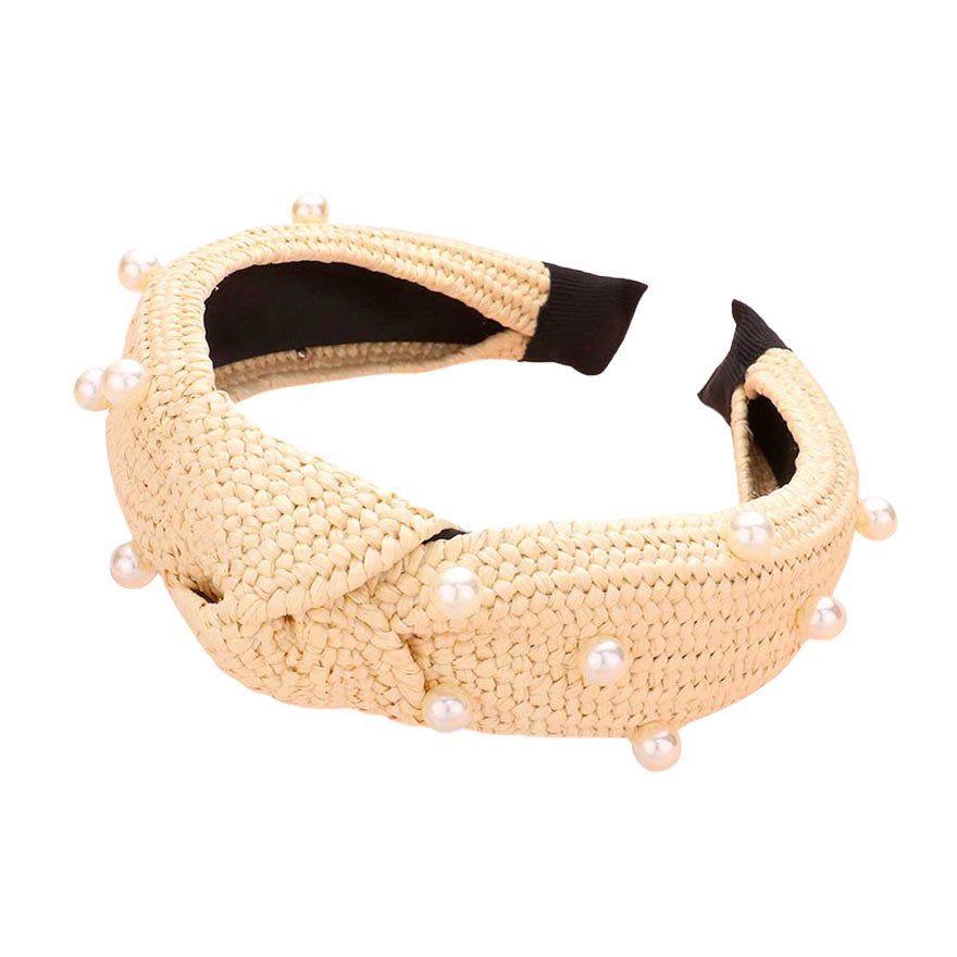 Ivory Pearl Embellished Straw Knot Burnout Headband, create a beautiful look while perfectly matching your color with the easy-to-use straw knot burnout headband. Push your hair back and spice up any plain outfit with this straw knot burnout headband!