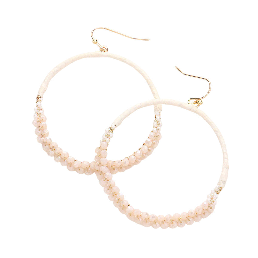Ivory Raffia Faceted Bead Wrapped Open Metal Circle Earrings, turn your ears into a chic fashion statement with these raffia faceted bead earrings! These open metal circle earrings are very lightweight and comfortable, you can wear these for a long time on occasion. The beautifully crafted design adds a gorgeous glow to any outfit.